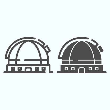 Observatory line and solid icon. Astronomical planetarium building with dome. Space exploration design concept, outline style pictogram on white background, use for web and app. Eps 10