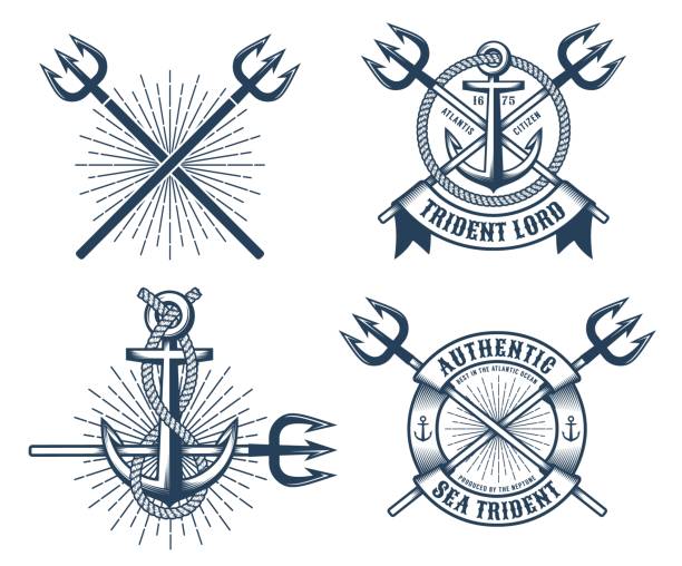 ilustraciones, imágenes clip art, dibujos animados e iconos de stock de logotipos de tatuajes vintage hipster navy con tridentes cintas y anclajes - trident