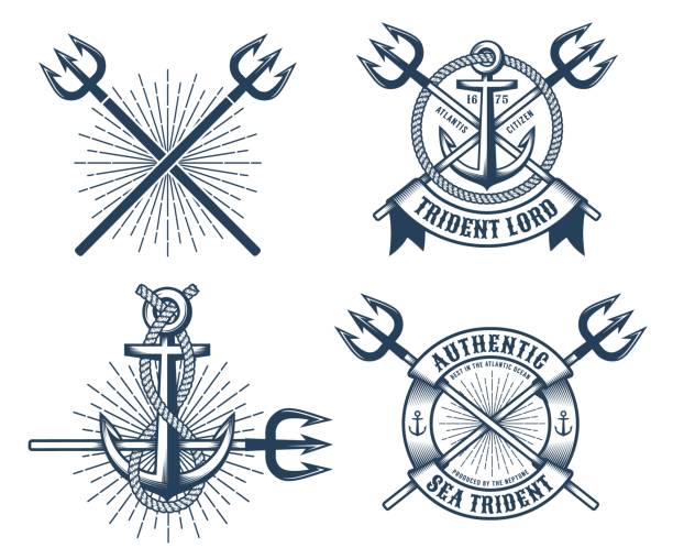 Vintage hipster navy tattoo logos with tridents ribbons and anchors Vintage hipster navy tattoo logos with crossed tridents ribbons and anchors. Vector illustration. neptune fork stock illustrations