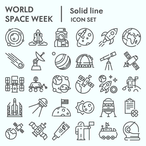 World space week line icon set, outer space set symbols collection, vector sketches, logo illustrations, web signs outline pictograms package isolated on white background, eps 10. World space week line icon set, outer space set symbols collection, vector sketches, logo illustrations, web signs outline pictograms package isolated on white background, eps 10 outer space stock illustrations