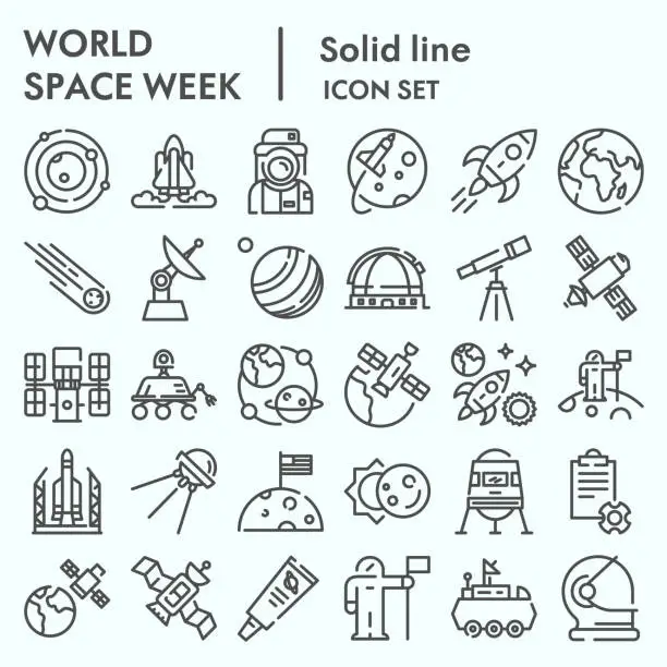 Vector illustration of World space week line icon set, outer space set symbols collection, vector sketches, logo illustrations, web signs outline pictograms package isolated on white background, eps 10.