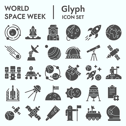 World space week solid icon set, outer space set symbols collection, vector sketches, logo illustrations, web signs glyph pictograms package isolated on white background, eps 10