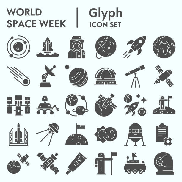 World space week solid icon set, outer space set symbols collection, vector sketches, logo illustrations, web signs glyph pictograms package isolated on white background, eps 10. World space week solid icon set, outer space set symbols collection, vector sketches, logo illustrations, web signs glyph pictograms package isolated on white background, eps 10 space missile stock illustrations
