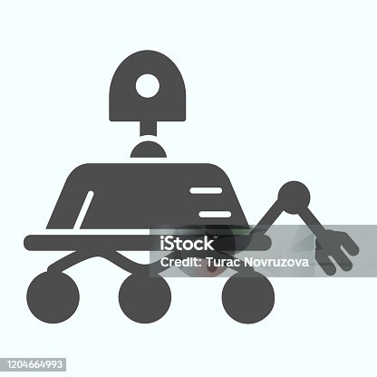 istock Lunar Rover solid icon. Moon exploration buggie with three wheels. World space week design concept, glyph style pictogram on white background, use for web and app. Eps 10. 1204664993