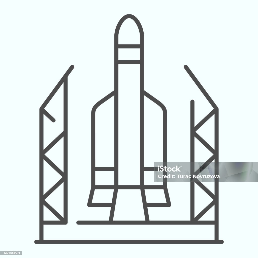 Spaceport thin line icon. Base for spacecraft with rocket launch. Space exploration design concept, outline style pictogram on white background, use for web and app. Eps 10. Spaceport thin line icon. Base for spacecraft with rocket launch. Space exploration design concept, outline style pictogram on white background, use for web and app. Eps 10 Icon Symbol stock vector