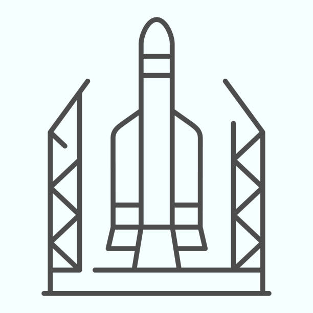 Spaceport thin line icon. Base for spacecraft with rocket launch. Space exploration design concept, outline style pictogram on white background, use for web and app. Eps 10. Spaceport thin line icon. Base for spacecraft with rocket launch. Space exploration design concept, outline style pictogram on white background, use for web and app. Eps 10 astronaut designs stock illustrations