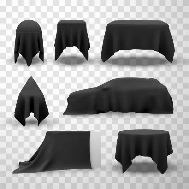Collection of black satin clothes covering tables Collection of black satin clothes covering tables. Set of elegant silk tablecloths or draperies of various shapes. Bundle of smooth fabrics concealing different objects. Realistic vector illustration. sheet bedding stock illustrations