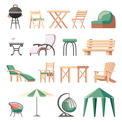 Collection of outdoor furniture or garden furnishings - folding deckchairs, sunlounger, tables, bench, barbecue grill, umbrella, hanging wicker chair, gazebo tent. Flat cartoon vector illustration.