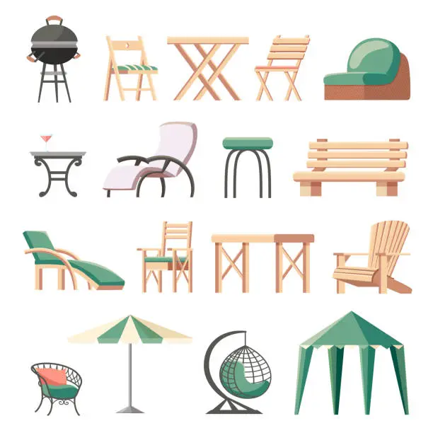 Vector illustration of Collection of outdoor furniture flat vector illustration.