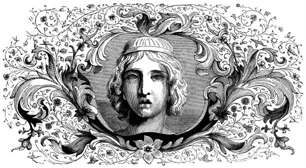Portrait of Romeo with Art Nouveau Style Frame - Works of William Shakespeare Portrait of Romeo with an intricate Art Nouveau style frame from the Works of William Shakespeare. Vintage etching circa mid 19th century. william shakespeare illustrations stock illustrations