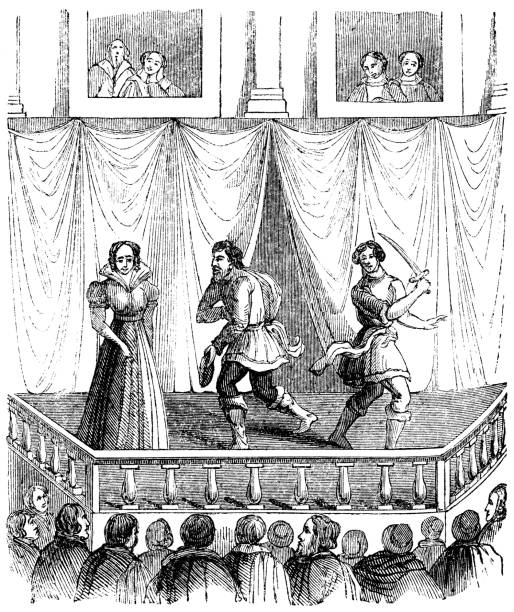 Elizabethan Renaissance Theatre - 17th Century Stage of an Elizabethan Renaissance theatre (circa early 17th century) from the Works of William Shakespeare. Vintage etching circa mid 19th century. elizabethan style stock illustrations