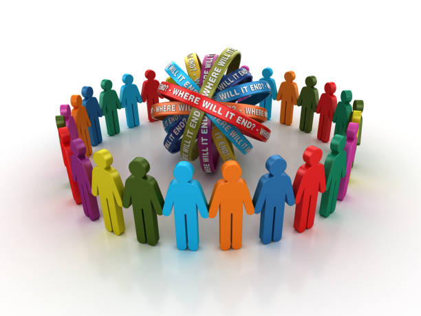 istock Pictogram Teamwork with WHERE WILL IT END Ribbons- 3D Rendering 1204669542