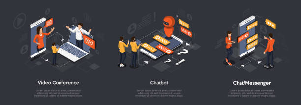 Isometric Set Of Video Conference, Chatbot And Chat Messenger. 3d Isometric Illustration Of Digital Marketing. Vector illustration Isometric Set Of Video Conference, Chatbot And Chat Messenger. 3d Isometric Illustration Of Digital Marketing. Vector illustration. cpa forum stock illustrations