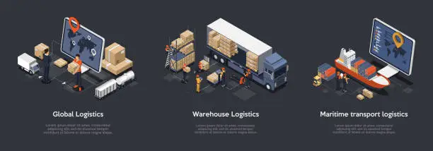 Vector illustration of Isometric Set Of Global Logistics, Warehouse Logistics, Maritime Transport Logistics. On Time Delivery Designed To Sort and Carry Large Numbers Of Cargo. Vector Illustration
