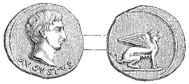 Gold Augustus Aureus Coin - 1st Century BC Ancient gold Aureus coin of Augustus, 1st Emperor of the Roman Empire (circa 1st century BC). Vintage etching circa mid 19th century. aureus stock illustrations