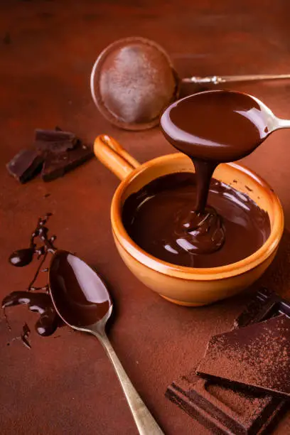 brown background, smeared with cocoa and chocolate chips, some pieces of chocolate and a bowl with melted dark chocolate