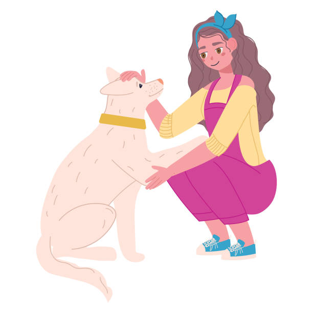 A Girl With A Big White Dog The Dog Gives His Paw Cute Cartoon Characters  Flat Vector Illustration Stock Illustration - Download Image Now - iStock