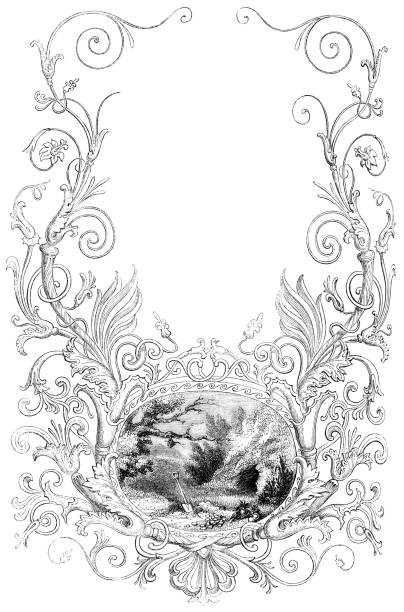 ilustrações, clipart, desenhos animados e ícones de quadro decorativo estilo art nouveau com tesouro enterrado - século xix - 19th hole