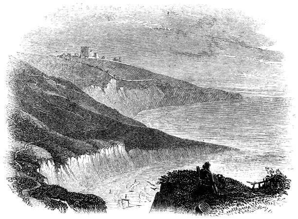 Dover Castle in Kent, England - 16th Century Dover Castle at the town of Dover in Kent, England, Uk (circa 16th century). Vintage etching circa 19th century. north downs stock illustrations