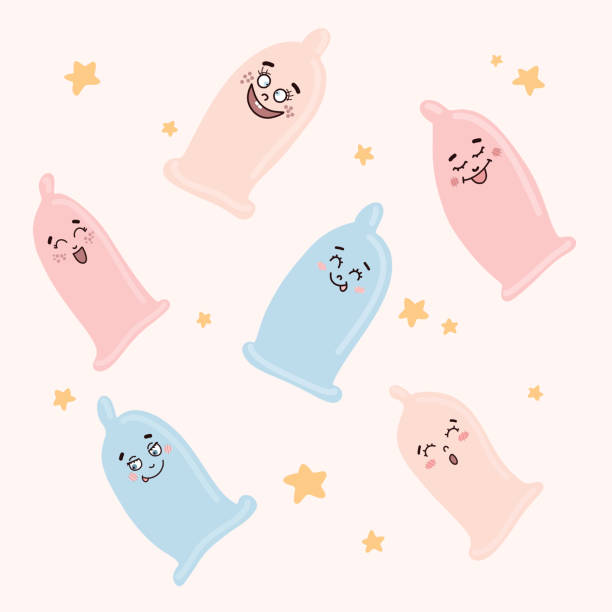 illustrazioni stock, clip art, cartoni animati e icone di tendenza di preservativi carini con facce divertenti in stile kawaii e piccole stelle. - condom aids orgasm sexual activity