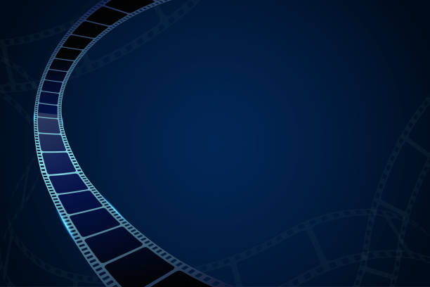 istock Realistic 3d film strip in perspective isolated on blue backdrop. 3D cinema background for film festival, ticket, banner, flyer. Design film frame with place for text. Template cinematography concept. 1204686649