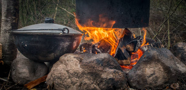 cooking on a fire. - bonfire beach fire barbecue imagens e fotografias de stock