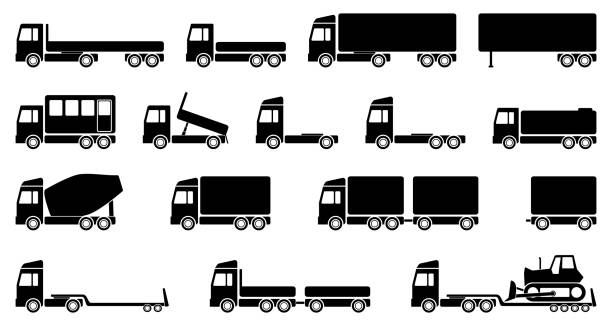 illustrazioni stock, clip art, cartoni animati e icone di tendenza di set di camion vettoriali, illustrazione di design piatto di trasporto, trasporto e spedizione in eps 10 - vehicle trailer
