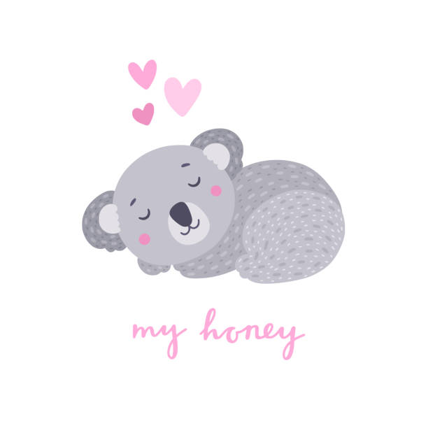ilustrações de stock, clip art, desenhos animados e ícones de cute sleeping koala on white background. bear animal with lettering vector card - koala animal love cute