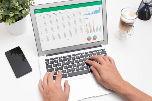 budget planning, spreadsheet on laptop screen - spreadsheet financial figures computer computer monitor imagens e fotografias de stock