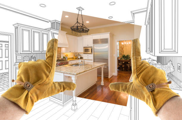 Male Contractor Hands Framing Completed Section of Custom Kitchen Design Drawing Male Contractor Hands Framing Completed Section of Custom Kitchen Design Drawing. hand cropping photos stock pictures, royalty-free photos & images