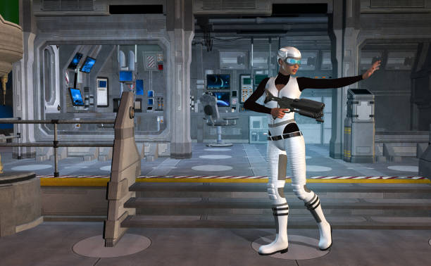istock futuristic Warrior woman exploring a spaceship, 3d illustration 1204693597