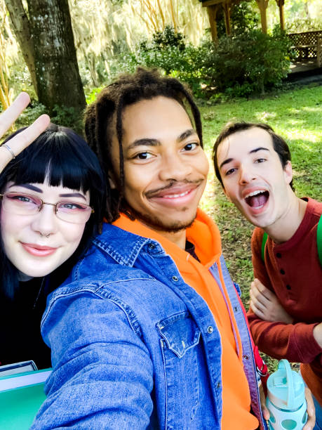 Group of university students take a selfie making funny faces