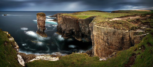 Panorama of Yesnaby cliffs with Castle Rock, Orkney Islands, Scotland