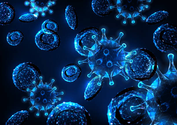futuristisches virusinfektionskonzept mit glühenden niederpolygonalen viruszellen und roten blutkörperchen - immunologie stock-grafiken, -clipart, -cartoons und -symbole