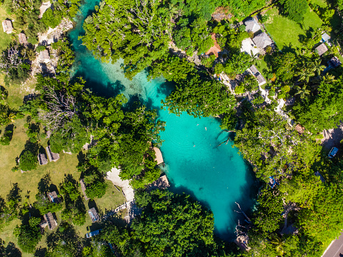 Drone view of The Blue Lagoon, Port Vila, Efate, Vanuatu - famous tourist destination