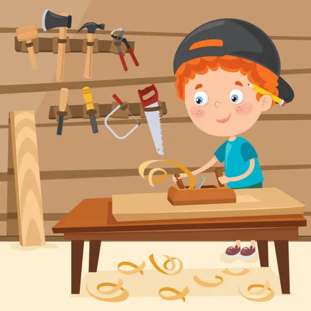 Vector illustration of Little Cartoon Carpenter Working With Woods