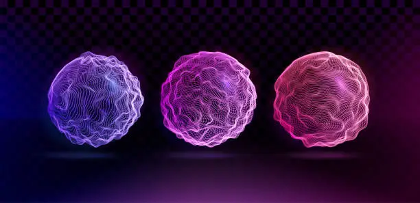 Vector illustration of Set of corrupted spheres. Collection of globe grids with a broken structure. Kit of 3d objects consist of glowing neon lines on a transparent background. Vector.