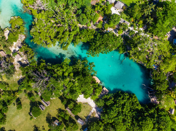 The Blue Lagoon from drone, Port Vila, Efate, Vanuatu Drone view of The Blue Lagoon, Port Vila, Efate, Vanuatu - famous tourist destination vanuatu stock pictures, royalty-free photos & images