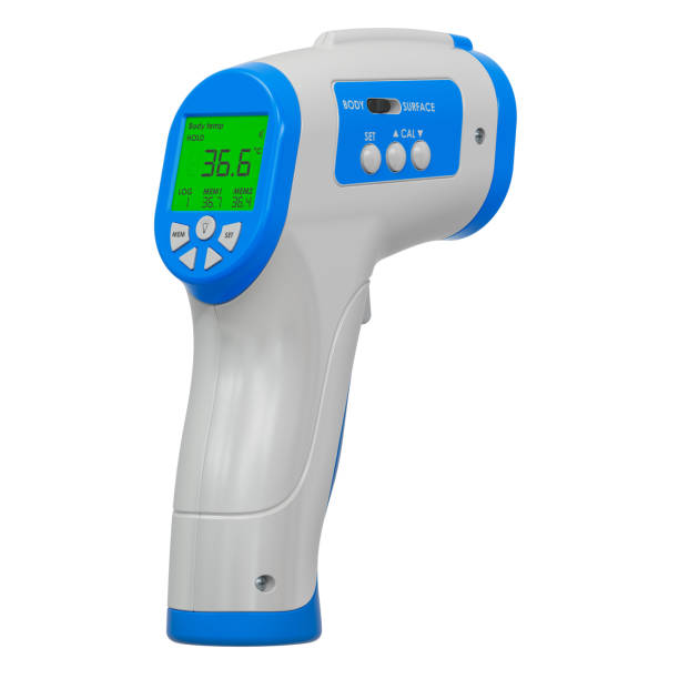 digital non-contact ir infrared thermometer, 3d rendering isolated on white background - infrared thermometer imagens e fotografias de stock