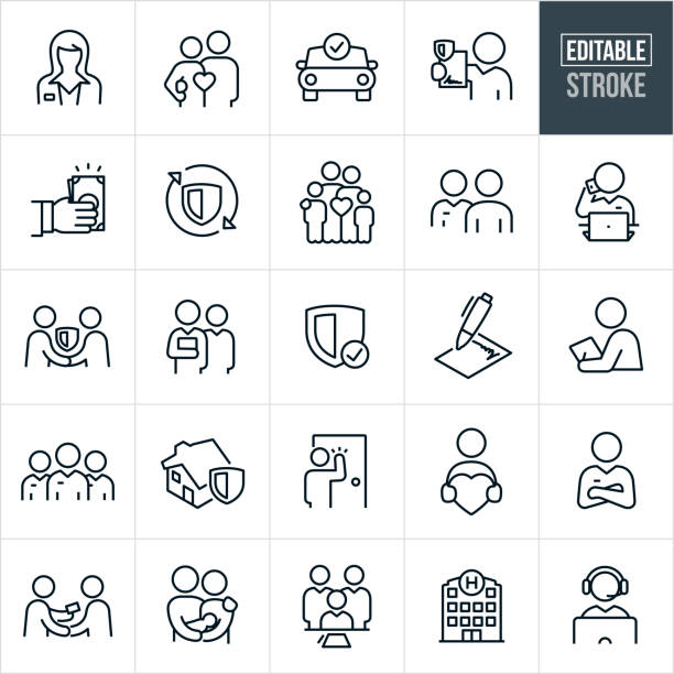 A set of insurance icons that include editable strokes or outlines using the EPS vector file. The icons include insurance agents, happy couple, car insurance, insurance plan, money, family, insurance agent on phone, handshake, insurance coverage, signed agreement, insurance underwriter, team of insurance agents, home insurance, insurance agent with arms folded, couple with baby, medical insurance and a customer support representative to hame a few.