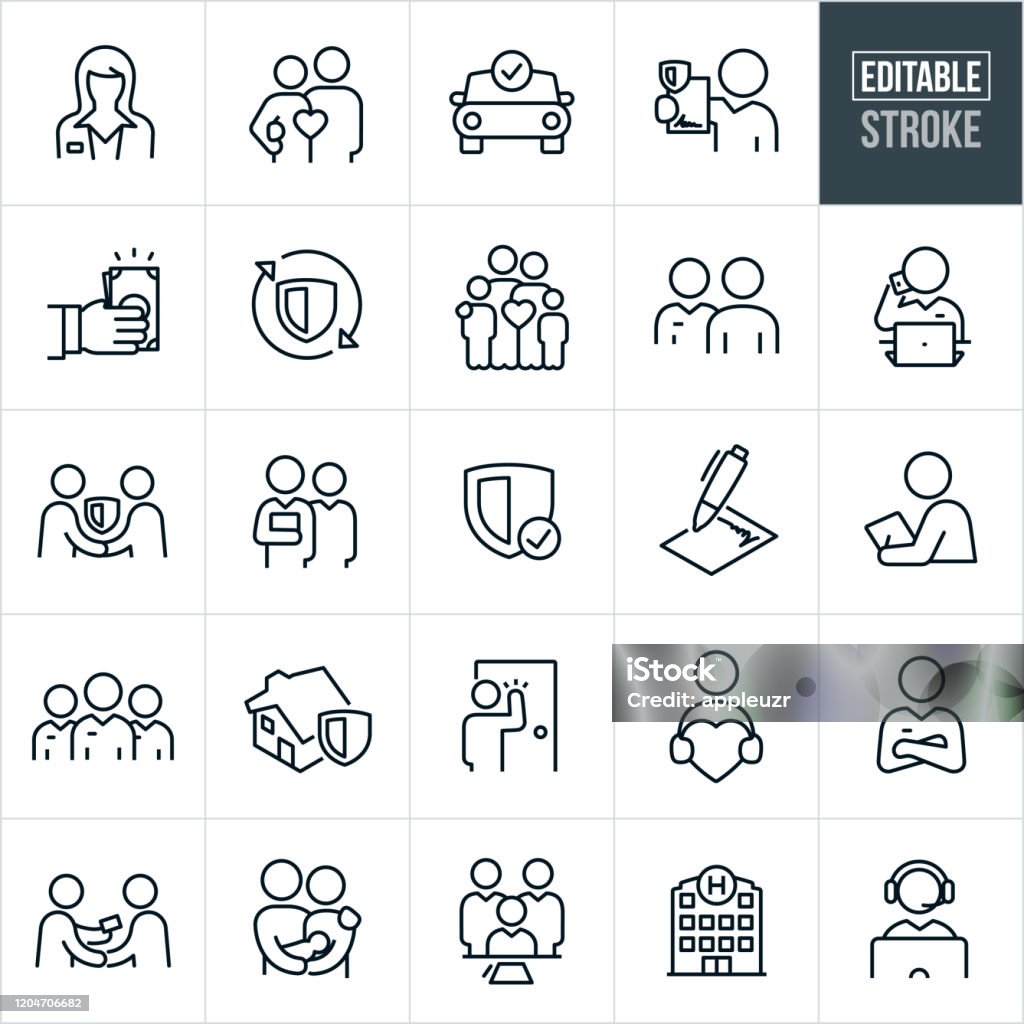 Insurance Thin Line Icons - Editable Stroke A set of insurance icons that include editable strokes or outlines using the EPS vector file. The icons include insurance agents, happy couple, car insurance, insurance plan, money, family, insurance agent on phone, handshake, insurance coverage, signed agreement, insurance underwriter, team of insurance agents, home insurance, insurance agent with arms folded, couple with baby, medical insurance and a customer support representative to hame a few. Icon stock vector