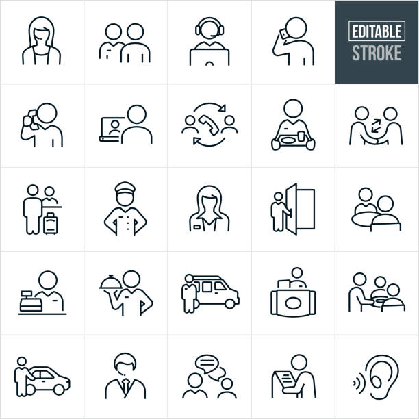 Customer Service Thin Line Icons - Editable Stroke A set of customer service icons that include editable strokes or outlines using the EPS vector file. The icons include a male customer service representative, a female customer service representative, CSR on computer, customer talking on the phone, a CSR talking on the phone, online support, phone support, waitress, waiter, handshake, hotel checkin, bellhop, agent, doorman, clerk, shuttle bus, cashier, kiosk, chat, chauffeur and other related icons. service icons stock illustrations