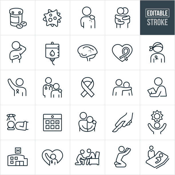 Cancer Thin Line Icons - Editable Stroke A set of Cancer icons that include editable strokes or outlines using the EPS vector file. The icons include cancer patients, medication, cancer virus, person with skin cancer, breast exam, breast cancer, two people hugging, chemotherapy, brain cancer, brain tumor, cancer awareness ribbon, chemotherapy patient, doctor, physician, oncologist, person with arm around shoulder of another person for support, medical checkup, person receiving radiation treatment, calendar, surgery, hope, hospital, person praying, person offereing support and a sick person in bed to name a few. cancer cell stock illustrations