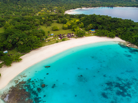 Drone view Champagne Beach, Vanuatu, Espiritu Santo island, near Luganville,  South Pacific