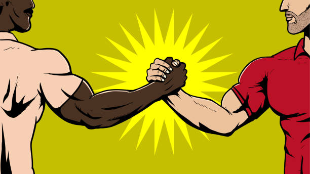 Vector Brother Handshake Pop Art Stock Illustration A retro pop art style vector illustration of two men hand shaking in arm wrestling,brother soul or homie style. Easy to grab and edit. Wide space available for your copy. arm wrestling stock illustrations