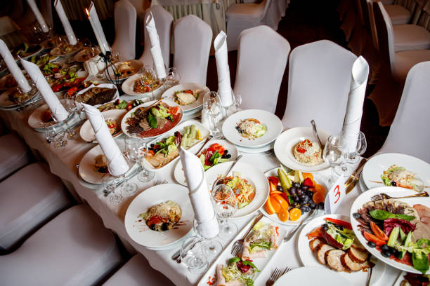 istock Table with food before the banquet. Ready for guests hall. 1204712007