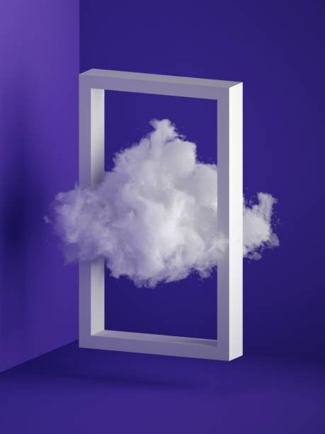 render 3d, biała puszysta chmura przelatująca przez prostokątną ramę. minimalne wnętrze pokoju. koncepcja lewitacji. obiekty odizolowane na niebieskim tle, nowoczesny design, abstrakcyjna metafora - dreams window bizarre surreal zdjęcia i obrazy z banku zdjęć