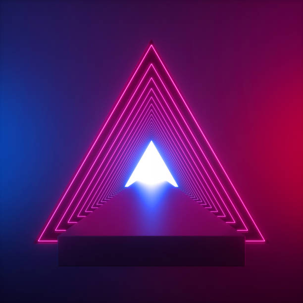 istock 3d render, abstract geometric background, red blue neon light, long tunnel, triangular portal, modern minimal room, performance stage, empty corridor, blank showcase, fashion podium, floor reflection 1204713835