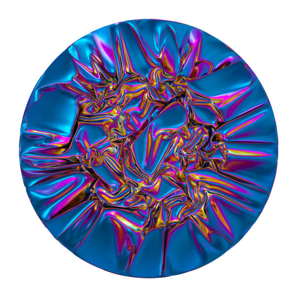 istock 3d render, abstract iridescent blue textile background, shiny metallic fabric, crumpled golden foil, folded drapery cloth. Futuristic material. Premium fashion wallpaper. Isolated round design element 1204714018