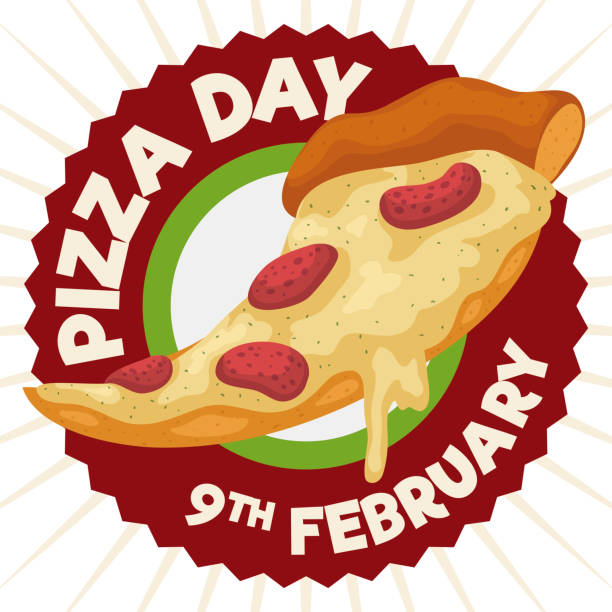 illustrations, cliparts, dessins animés et icônes de pizza sur l’étiquette ronde pour célébrer sa journée en février - baked cheese topping